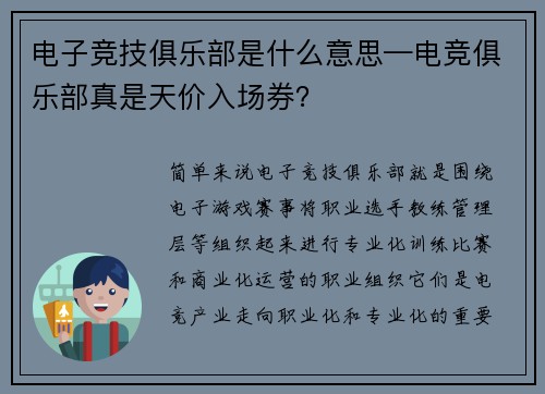 电子竞技俱乐部是什么意思—电竞俱乐部真是天价入场券？